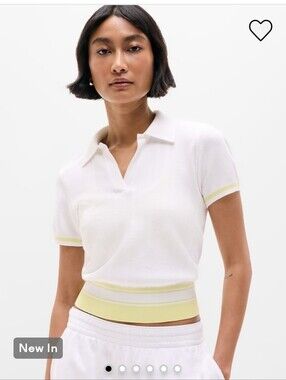 Athleta White Polo Short Sleeve Sweater Tee with Pale Yellow Trim. NWT. Large